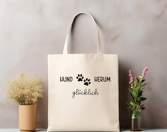 Jutebeutel | Stofftasche bedruckt "HUND HERUM GLÜCKLICH" | Baumwolltasche | Einkaufsbeutel | Einkaufstasche | Hundetasche