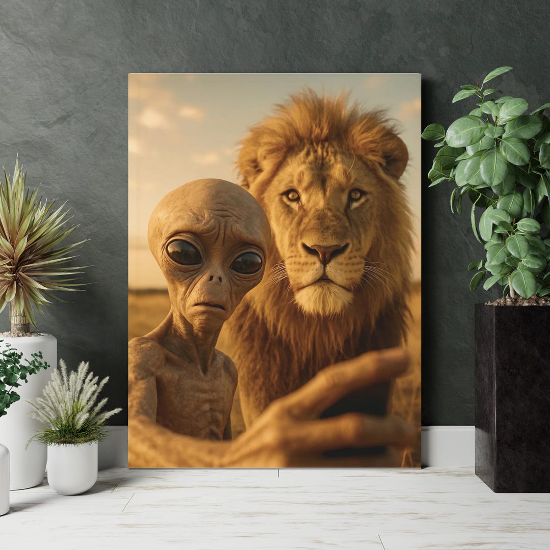 Alien Selfie With Lion Poster – Photorealistic Sci-fi & Wildlife Fusion ...