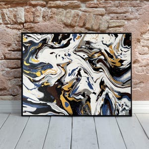 Modern Abstract Framed Canvas – Black White Gold Wall Art – Fluid Acrylic Painting Print – Framed Wall Art – Framed Canvas Print