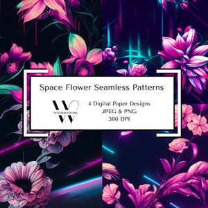 Patrón sin costuras de flores espaciales futuristas / Juego de papel digital