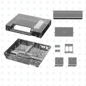 May include: Clear plastic electronic device enclosure, featuring a rectangular design with various cutouts and internal structures. Multiple views showcase the enclosure's components, including a top, bottom, and side pieces. The design appears to be for a gaming console or similar device.