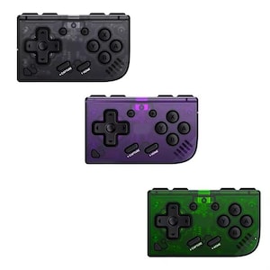 May include: Three handheld gaming consoles in black, purple, and green. Each console features a directional pad, action buttons, and function buttons. The transparent design reveals internal components. The consoles have the text "CAPTURE" and "HOME".