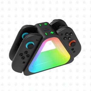 May include: Black game controller charging station with a rainbow LED light. The station has a triangular design with slots for multiple controllers. The controllers are black with coloured buttons and joysticks.