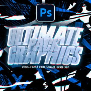 Puede incluir: Un diseño gráfico digital con el logotipo de Adobe Photoshop y el texto "ULTIMATE PACK GRAPHICS" en una fuente 3D brillante. La imagen también incluye el texto "2000+ Archivos | .Formato PSD | Tamaño 3GB" sobre un fondo abstracto azul y negro.