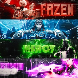 Può includere: Quattro banner di videogiochi diversi con sfondi e testo colorati. Il banner superiore è rosso con il testo "FAZEN" in bianco. Il secondo banner è blu con il testo "ZHEN" in bianco. Il terzo banner è verde con il testo "MERCY" in bianco. Il banner inferiore è viola con il testo "TASUMIII" in bianco.