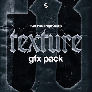 Könnte beinhalten: Dunkle, strukturierte Grafik mit dem Wort "texture" in gotischer Schrift. Darunter wird der Text "gfx pack" angezeigt. Das Bild enthält auch den Text "400+ Files | High Quality".