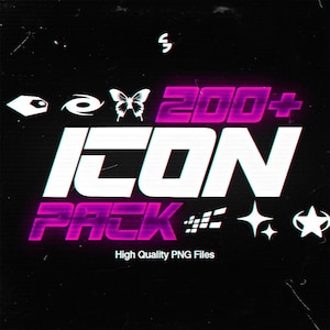 Puede incluir: Fondo negro con las palabras "ICON PACK" en letras blancas y rosa neón. El texto "200+" está encima de la palabra "ICON". Varios iconos blancos y el texto "High Quality PNG Files" también están presentes.
