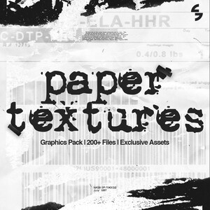 May include: A monochrome graphic design with the words "paper textures" in a bold, distressed font. The image includes text elements, barcode patterns, and the phrase "Graphics Pack | 200+ Files | Exclusive Assets."