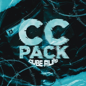 May include: A blue and white graphic design with the text "CC PACK CUBE FILES" on a black background with a plastic texture.