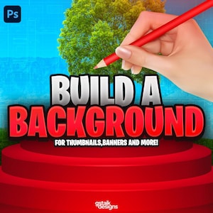Puede incluir: Un diseño gráfico promocionando la creación de fondos. La imagen presenta el texto "BUILD A BACKGROUND" en blanco y rojo, con un lápiz rojo sostenido por una mano. Un árbol y un cielo azul forman el fondo, con el texto "FOR THUMBNAILS, BANNERS AND MORE!"