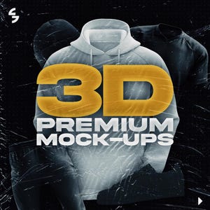 Peut inclure: Maquettes 3D de vêtements, dont un sweat à capuche blanc, un t-shirt noir et un pantalon de survêtement noir. Le texte "3D PREMIUM MOCK-UPS" est affiché en jaune.
