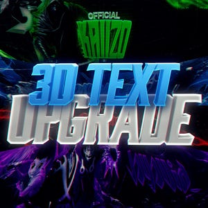 Könnte beinhalten: Eine digitale Grafik mit dem Text „3D TEXT UPGRADE“ im 3D-Stil, mit blau-weißer Farbgebung. Das Wort „OFFICIAL KAIZO“ steht oben in Grün. Der Hintergrund zeigt dunkle Bilder mit grünen, blauen und violetten Farbtönen.