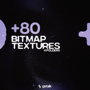 May include: A digital graphic with the text "+80 BITMAP TEXTURES" in white, with "4 FOLDERS" below. The background is dark purple with a dotted pattern and a light purple shape on the left. The logo "gstaik" is at the bottom.