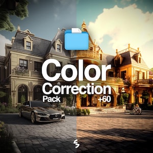 Może przedstawiać: Obraz podzielony na dwie części, przedstawiający rezydencję i srebrny samochód. Lewa strona jest chłodna, prawa ciepła. Tekst "Color Correction Pack +60" jest biały.