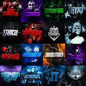 Op de afbeelding: Een verzameling van 20 digitale kunstwerken met gestileerde tekst en grafische ontwerpen. Elk ontwerp heeft een uniek kleurenschema en lettertype, met thema's als gaming en horror.