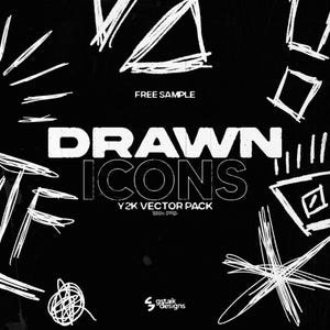 May include: A black background featuring white, hand-drawn icons and text. The words "DRAWN ICONS" are in a bold, outlined font. Additional text includes "FREE SAMPLE" and "Y2K VECTOR PACK 100+ png."