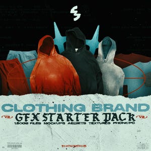May include: A digital graphic design product mockup featuring a variety of clothing items, including hoodies, sweatshirts, and t-shirts. The text "CLOTHING BRAND V3 GFX STARTER PACK V3 150GB FILES MOCKUPS ASSETS TEXTURES PHONE/PC BYGSTALDESIGN $5" is displayed on the image.