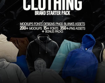 Puede incluir: Una colección de maquetas de ropa, fuentes, diseños y activos PNG para crear una marca de ropa. La imagen presenta varias sudaderas con capucha, sudaderas y pantalones de chándal en diferentes colores. El texto "CLOTHING BRAND STARTER PACK" se muestra en la parte superior de la imagen. El texto "200+ MOCKUPS 15+ FONTS 350+ PNG ASSETS + BONUS PACKS" se muestra debajo del título.