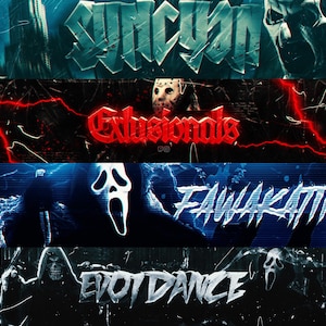 Könnte beinhalten: Ein Bannerbild mit vier Horror-Designs. Das obere Banner zeigt das Wort "SUNCYON" im Graffiti-Stil. Das zweite Banner zeigt das Wort "Exlusionals" mit einer Jason-Voorhees-Maske. Das dritte Banner zeigt das Wort "FAWAKATI" und ein Geistergesicht. Das untere Banner zeigt das Wort "EVOT DANCE".