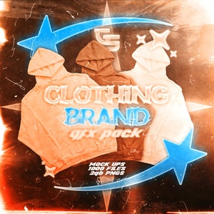 以下が含まれることがあります： 衣料品ブランド向けのグラフィックデザインモックアップパック。画像は、異なる色の3つのフード付きスウェットシャツと、「Clothing Brand GFX Pack」と「Mock Ups 1000 Files 2gb PNGs」というテキストをネオンブルーのフォントで表示しています。