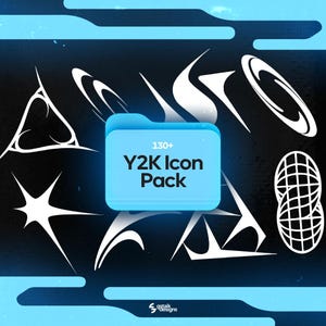 May include: A digital graphic design featuring a collection of white Y2K-style icons against a dark blue and black background. A light blue folder displays the text "130+ Y2K Icon Pack". The design includes various abstract shapes and lines.