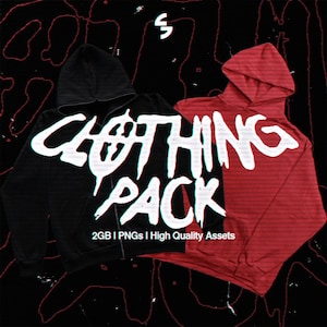 May include: Two hooded sweatshirts, one black and one red, are displayed against a black background with red line art. The words "CLOTHING PACK" are written in large, white, stylized letters across the front of the black sweatshirt. The text "2GB | PNGs | High Quality Assets" is below.