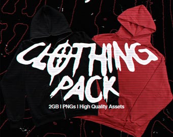 May include: Two hooded sweatshirts, one black and one red, are displayed against a black background with red line art. The words "CLOTHING PACK" are written in large, white, stylized letters across the front of the black sweatshirt. The text "2GB | PNGs | High Quality Assets" is below.