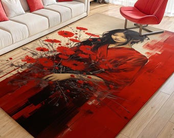 Japanese Art Rug, Woman with Flowers, Modern Area Rug