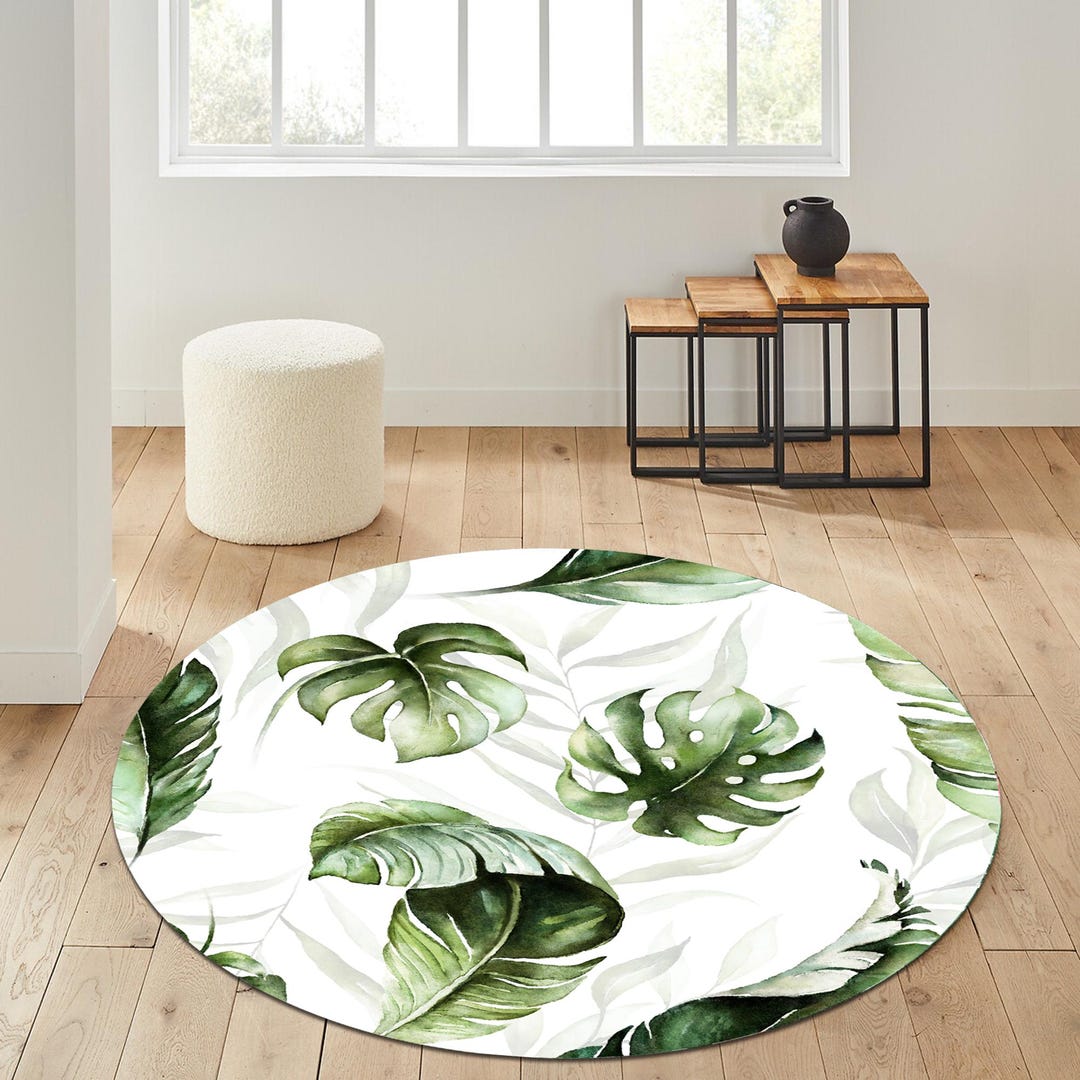 Tropical Leaf Round Rug, Green Botanical Home Decor, Easy Clean Anti ...