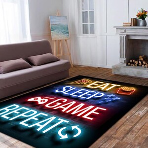 Eat Sleep Game Repeat Neon Sign Area Rug - Gamer Room Floor Decor with Controller Icon Carpet - Teen Room Rug