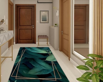 Dark Green Leaf Gold Detailed Runner Rug: Hallway Kitchen Area Rug