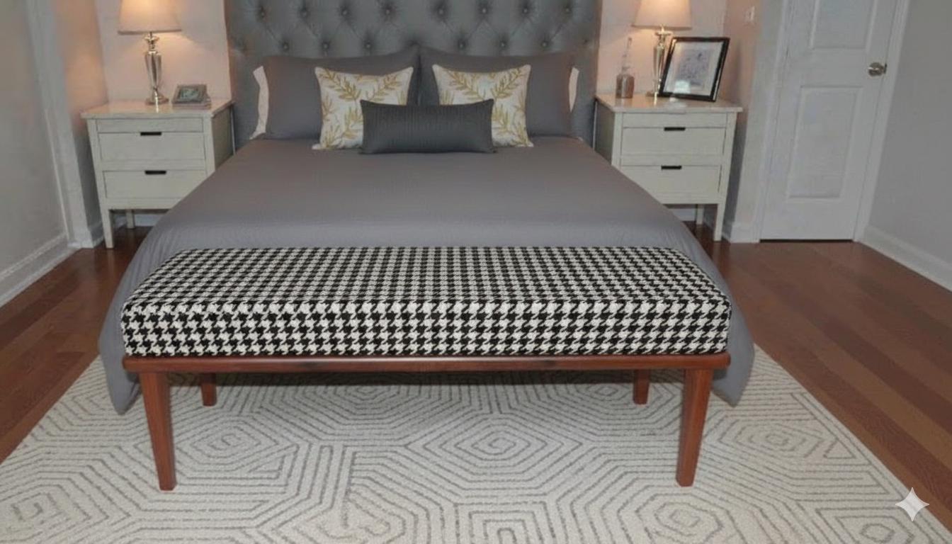 Patterned Bench, Black and White Houndstooth, Handmade Boho Decor Bench ...