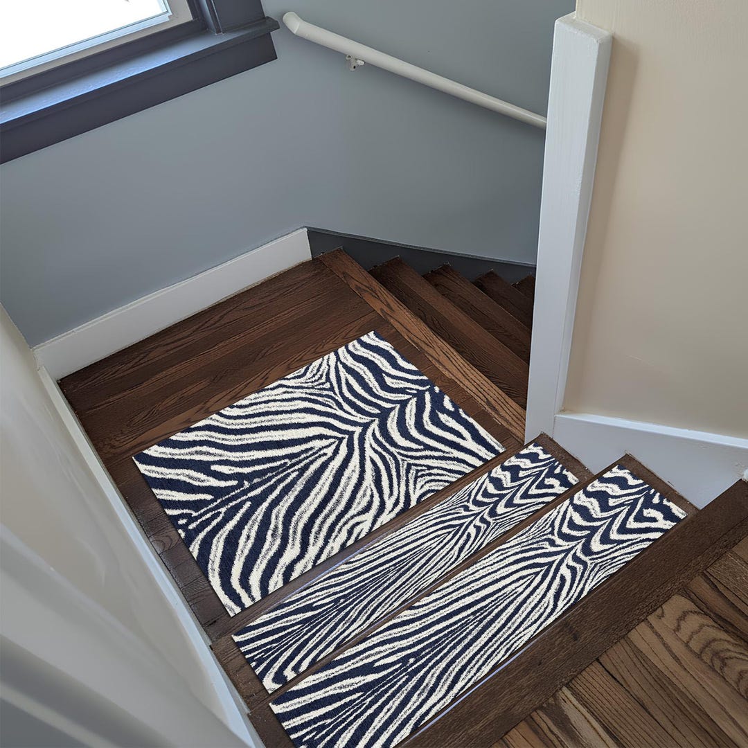 navy-blue-zebra-print-stair-rugs-chenille-cotton-coastal-safari-style