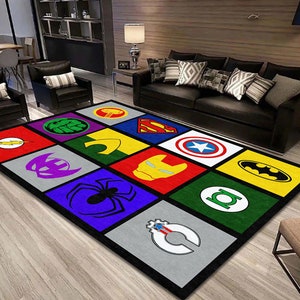 Super Hero Rug,Super Hero Logos, Hero Themed Kids Room Decor,Baby Room Rug Movie Rug,Modern Rug,Popular Rug,Area Rug,Home Decor Carpet