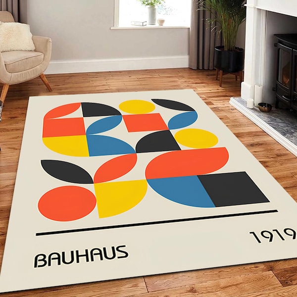 Alfombra Bauhaus 1919, Alfombra de arte industrial vintage, Alfombra de piso Sütterlin Badenerstrasse, Alfombra de área moderna de mediados de siglo, Alfombra retro afligida