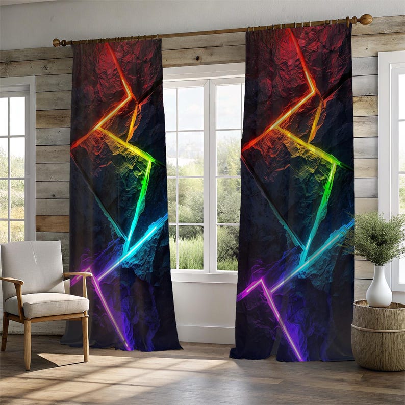 Neon RGB Gaming Curtains, Futuristic 3D Rock Crack LED Light Window ...