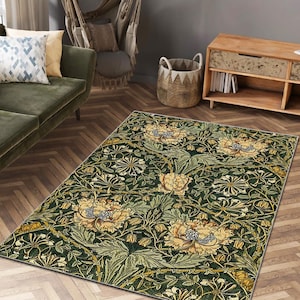 Tappeto ispirato all'arte di William Morris, decorazione per la casa con accenti verdi botanici, tappeto floreale per la camera da letto