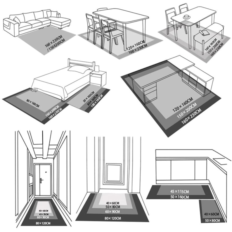 May include: A diagram showing different rug sizes for various rooms and furniture arrangements. The diagram includes measurements in inches for each rug size.