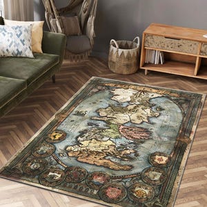Alfombra con mapa de Westeros, alfombra de Juego de Tronos, diseño de mapamundi antiguo para sala de estar, alfombra de biblioteca.