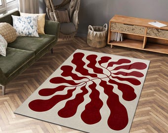 Tappeto moderno astratto, tappeto con design ondulato rosso intenso, decorazione per il pavimento del soggiorno, tappeto artistico contemporaneo, audace arte astratta cremisi