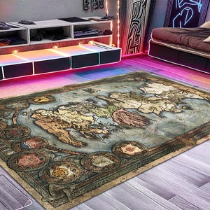 May include: A rectangular area rug featuring a vintage world map design. The rug has a distressed, aged appearance with muted blue, brown, and beige tones. Decorative circular elements border the map, adding to its antique aesthetic.