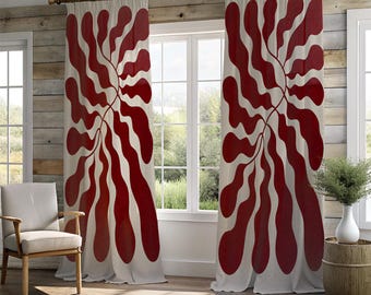 Tende moderne astratte rosse ondulate, drappeggi artistici color cremisi intenso per finestre, tendaggi minimalisti e contemporanei, decorazioni audaci per il soggiorno.