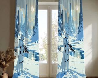 Tende di Star Wars, tende a tema pianeta innevato fantascientifico, decorazioni per sala cinema in stile Impero Galattico, tende moderne per sala giochi, decorazioni artistiche cinematografiche