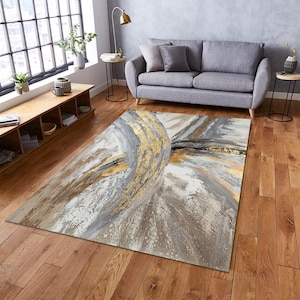 Abstract Gold Marble Rug, Modern Gray Silver Area Rug