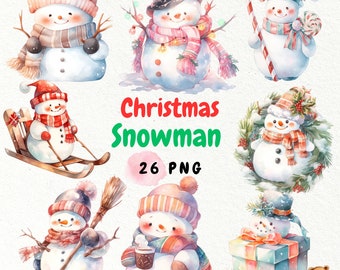 Christmas Snowman Clipart, Christmas Snowman PNG, Watercolor Snowman, Winter Holiday