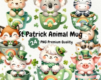 St Patrick Animal Mug, 24 Cute St Patrick Animal PNG Clipart, Cute Animal Mug, St Patricks Mug Wrap, St Patricks Day Mug Wrap Sublimation