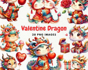 May include: A set of 28 digital illustrations featuring cute, cartoon dragons dressed in red, pink, and gold Valentine's Day outfits. The dragons are holding hearts, flowers, and other Valentine's Day themed items. The text "Valentine Dragon 28 PNG IMAGES" is displayed in the centre of the image.