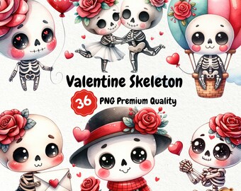 May include: A set of 36 Valentine's Day themed digital clipart images featuring cute skeleton characters with hearts, flowers, and the text "Valentine Skeleton".