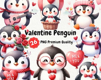 May include: A set of 26 Valentine's Day penguin illustrations. The penguins are wearing red, pink, and white clothing and accessories. Some penguins are holding hearts, balloons, and flowers. The illustrations are in a cartoon style and are perfect for Valentine's Day crafts and projects.