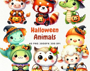 Cute Halloween Animals, 40 Halloween Animals PNG, Watercolor Halloween Animals, Halloween Animals Clipart, Halloween Decor Sublimation